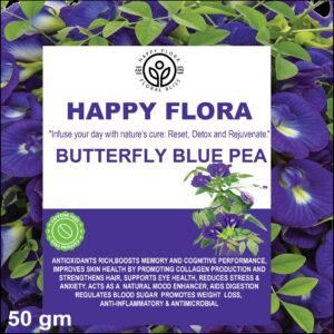 Official front label packaging graphic for Happy Flora 50g loose butterfly blue pea botanical infusion.