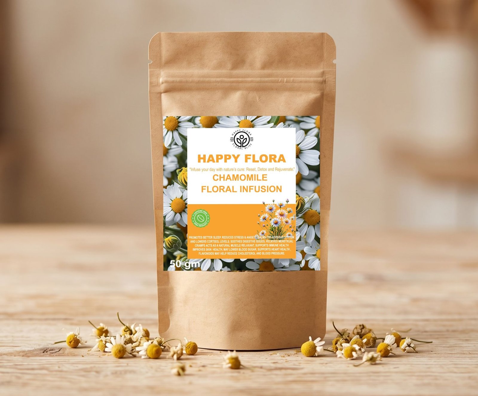 Happy Flora premium loose leaf chamomile floral infusion in a 50g kraft pouch