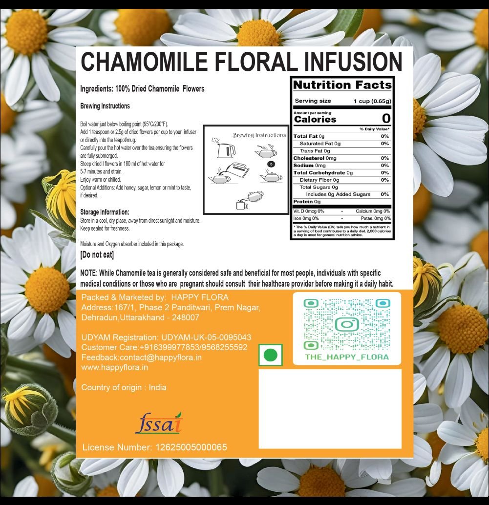 Official back label packaging graphic for Happy Flora 50g loose chamomile botanical infusion, showing brewing instructions and nutritional facts.