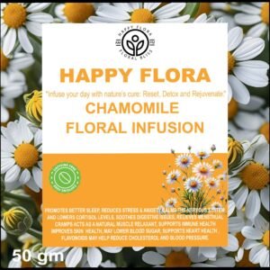 Official front label packaging graphic for Happy Flora 50g loose chamomile botanical infusion.