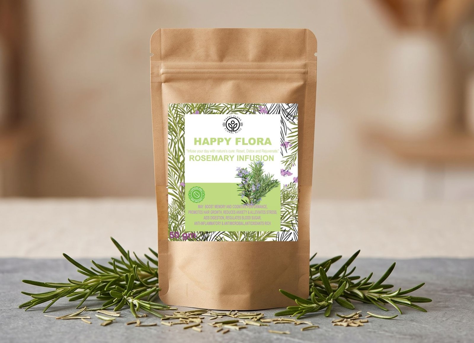 Happy Flora premium loose leaf rosemary herbal infusion in a 50g kraft pouch