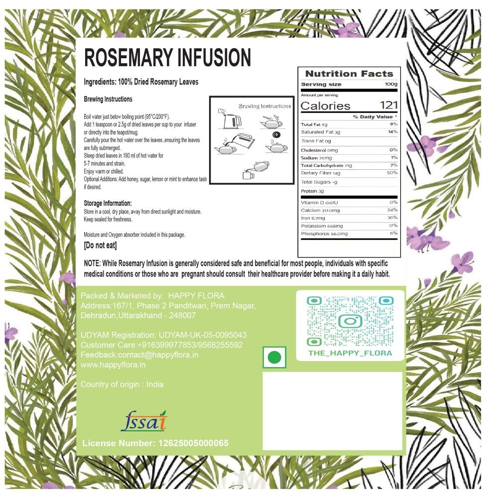 Official back label packaging graphic for Happy Flora 50g loose rosemary botanical infusion, showing brewing instructions and nutritional facts.