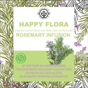 Official front label packaging graphic for Happy Flora 50g loose rosemary botanical infusion.