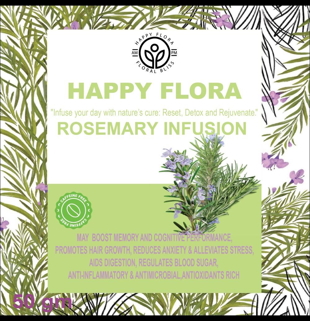 Official front label packaging graphic for Happy Flora 50g loose rosemary botanical infusion.